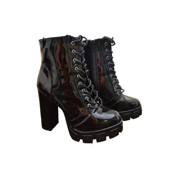 Wild Diva Black Patent Chunky Platform Lace-Up Boots Size 7.5 – Goth Vibes - Picture 2 of 11